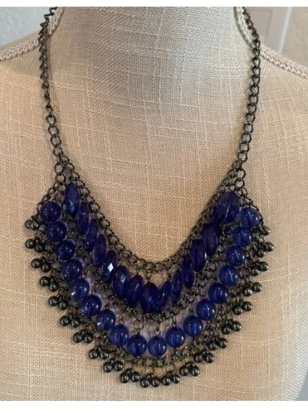Royal Blue Vintage Glass & Acrylic Bead Bib Necklace